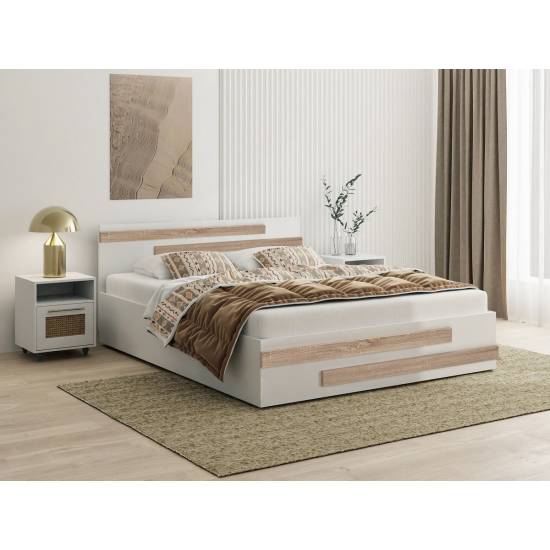 Łóżko dwuosobowe MONA BE 120x200 z materacem, kolor biały + listewki ozdobne sonoma